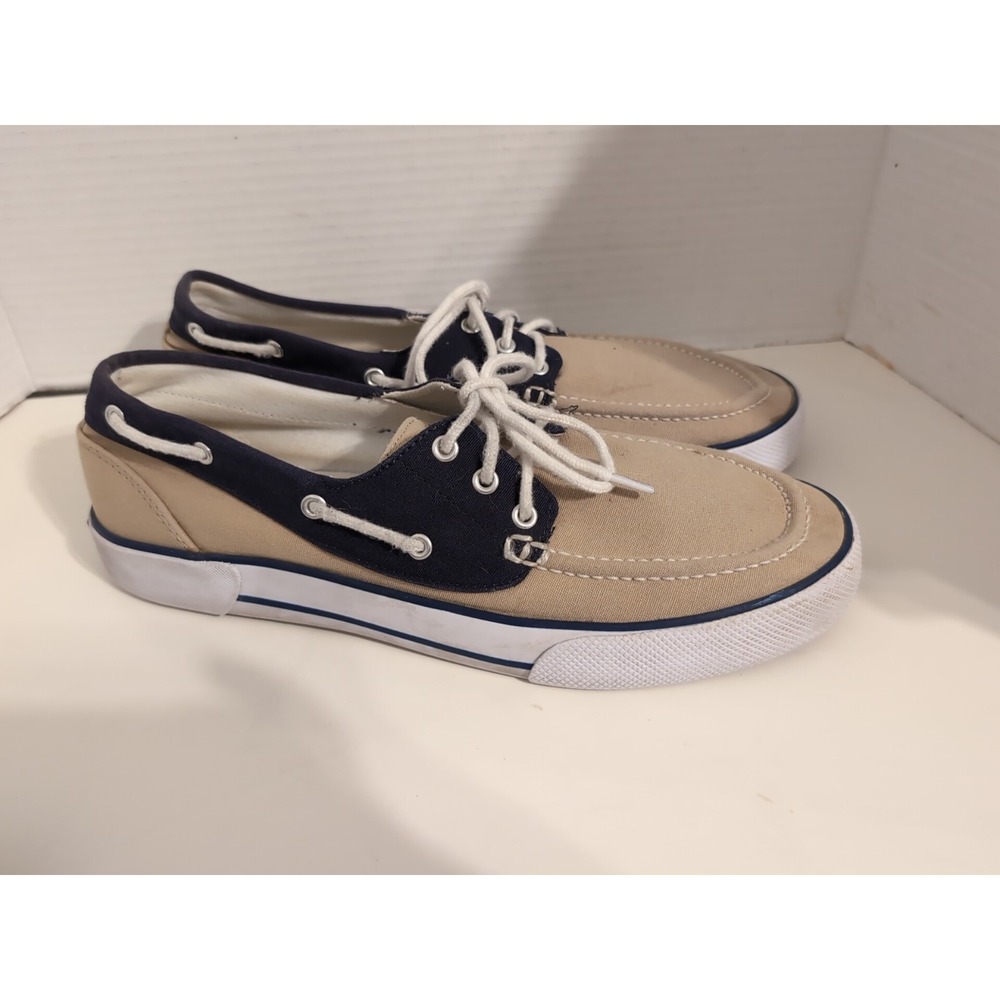 POLO Ralph Lauren " FRANZ " Men's Tan/Navy Blue Canvas Boat Shoes - Size  10.5D